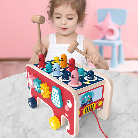 Montessori wooden animal bus toy, musical pounding bench for toddlers. - MiniPrecious