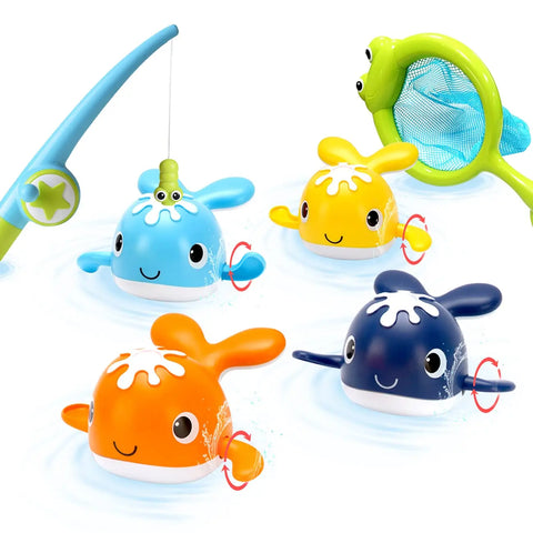 Magnet Baby Bath Fishing Toys Wind-up Swimming Whales Bathtub Toy Fishing Game Water Tub Toys Set with Fishing Pole Net for Kids