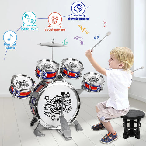 Kids Drum Set with Stool Drumsticks Cymbal Musical Instrument Toy Kid Jazz Drum Kit for 3-6 Year Little Rockstar